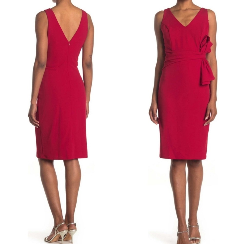 Marina Side Bow Sheath V-Neck Sleeveless  Crepe Red Dress Size 14